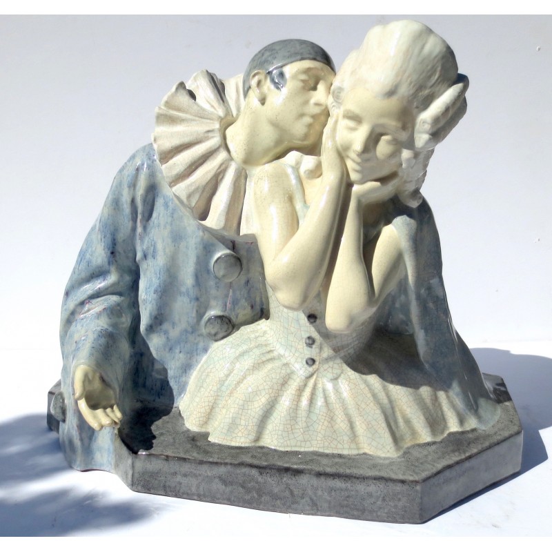Fanny Rozet and Marcel Guillard Sculpture in Ceramic of Pierot and Pierette by Etling
